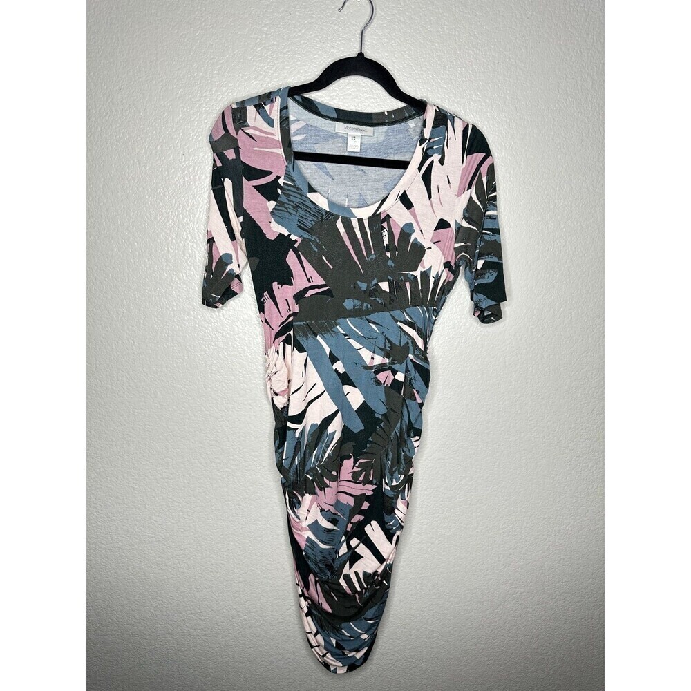 Motherhood Maternity Dress Womens Small Ruched Tropical Leaf Print Summer Casual